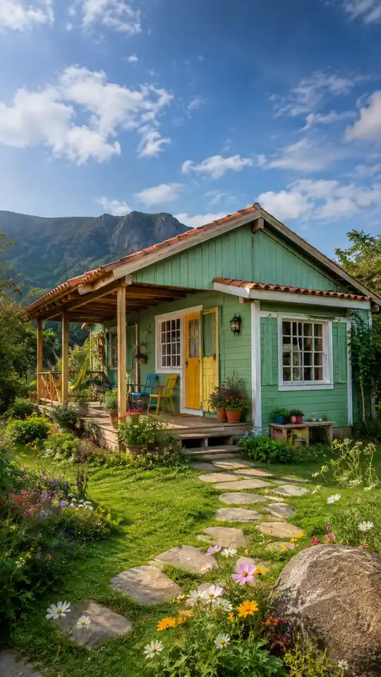 Casa de madera verde con puerta amarilla, porche y montañas