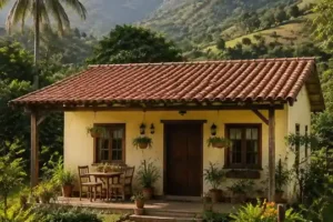 Casa crema con techo de tejas, mesa en el porche y paisaje montañoso
