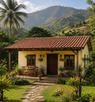 Casa crema con techo de tejas, mesa en el porche y paisaje montañoso