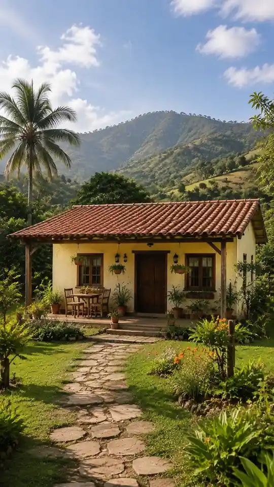 Casa crema con techo de tejas, mesa en el porche y paisaje montañoso