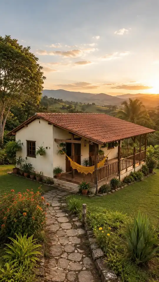 Casa blanca con galería de madera y hamaca amarilla al atardecer