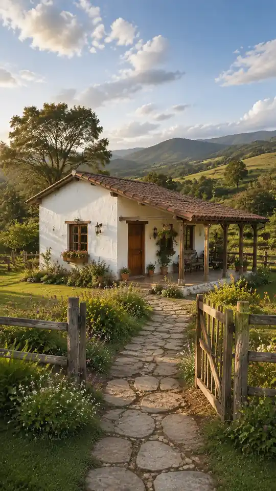 Casa blanca con porche lateral, portón de madera y sendero florido