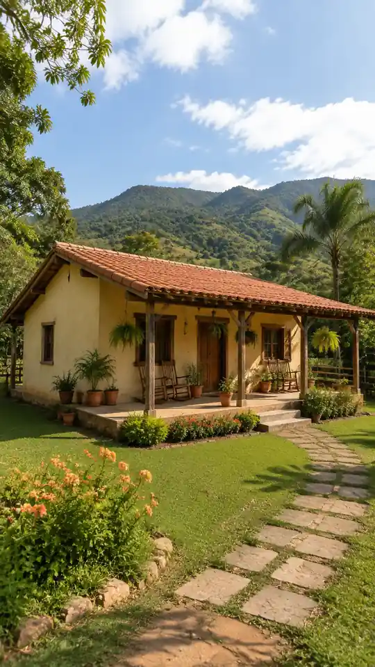 Casa crema con mecedoras de madera, helechos y jardín verde