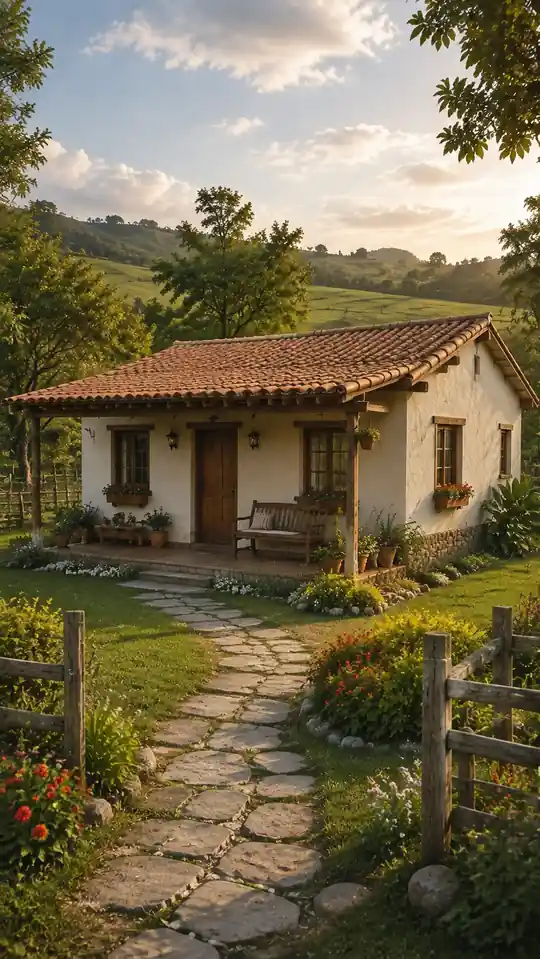 Casa marfil con zócalo de piedra, banco y jardineras
