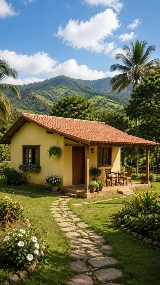 Casa amarilla clara con mesa redonda bajo el porche y palmeras