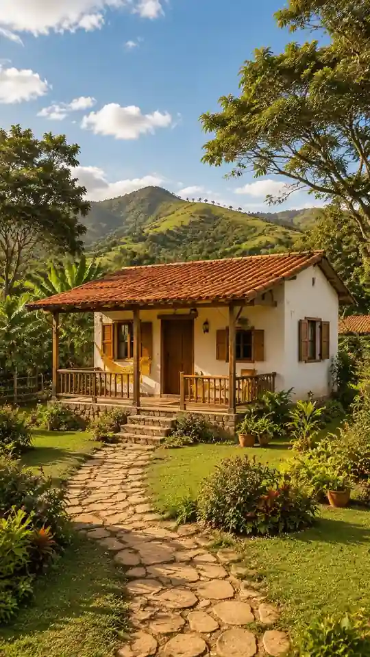 Casa blanca elevada sobre piedra con hamaca amarilla y escalones