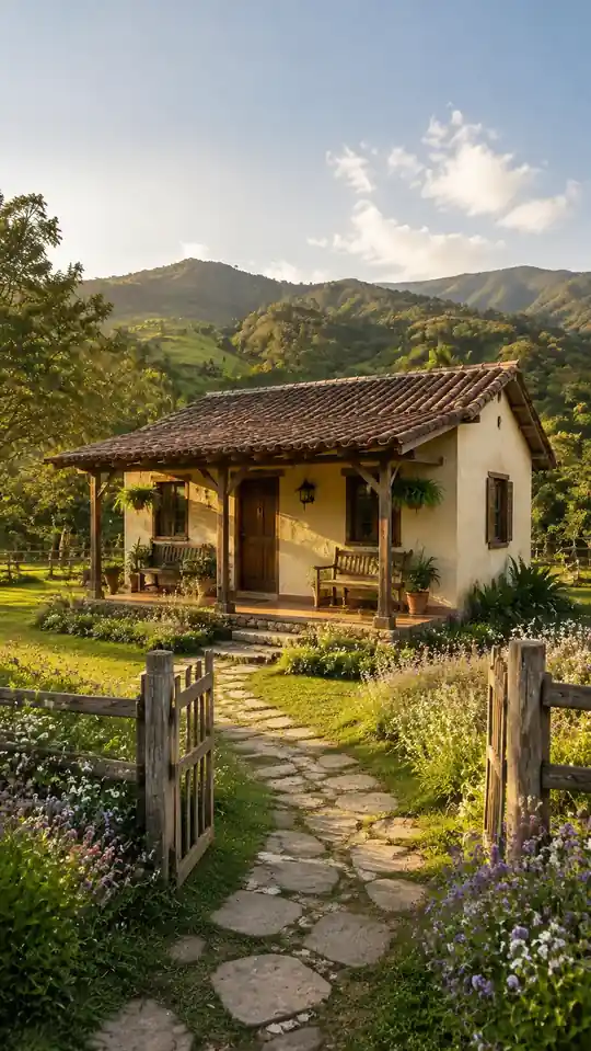 Casa crema rústica con bancos, portón abierto y flores silvestres