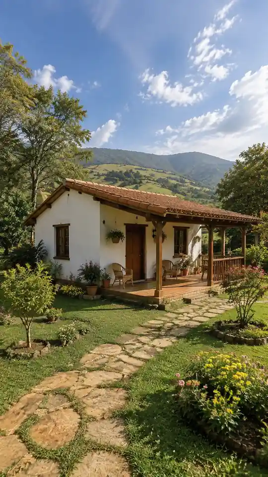 Casa blanca con porche de madera, sillas tejidas y árboles frutales