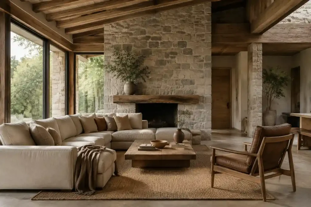 Sala rústica moderna con madera, piedra y mobiliario contemporáneo