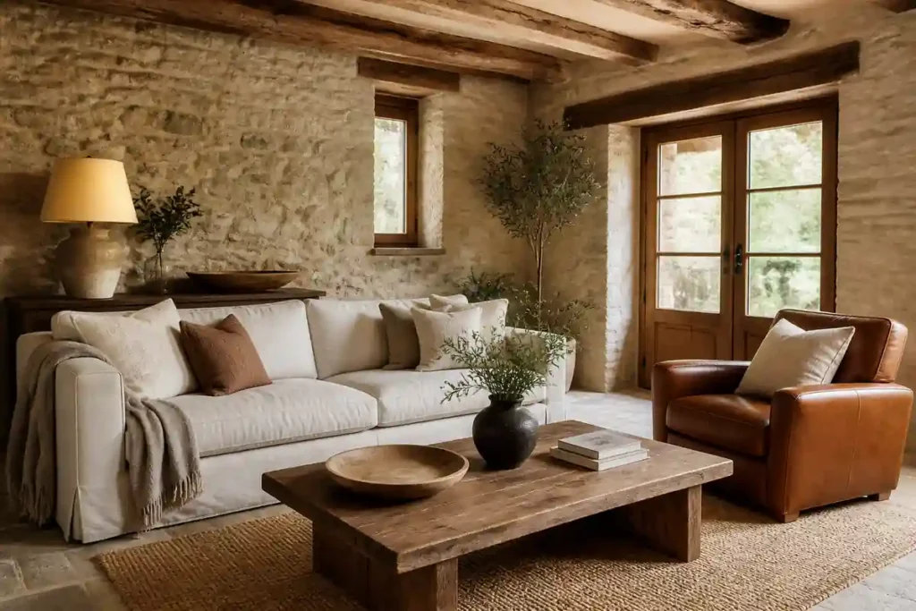 Sofá de lino beige y sillón de cuero para sala rústica