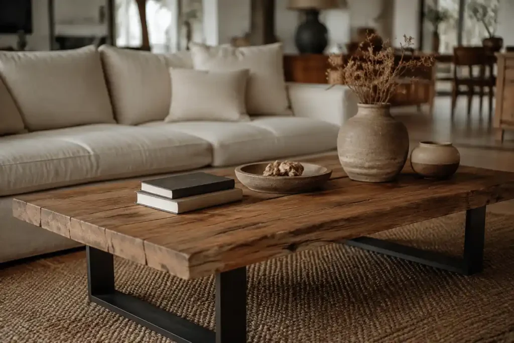 Mesa de centro rústica de madera natural y hierro negro