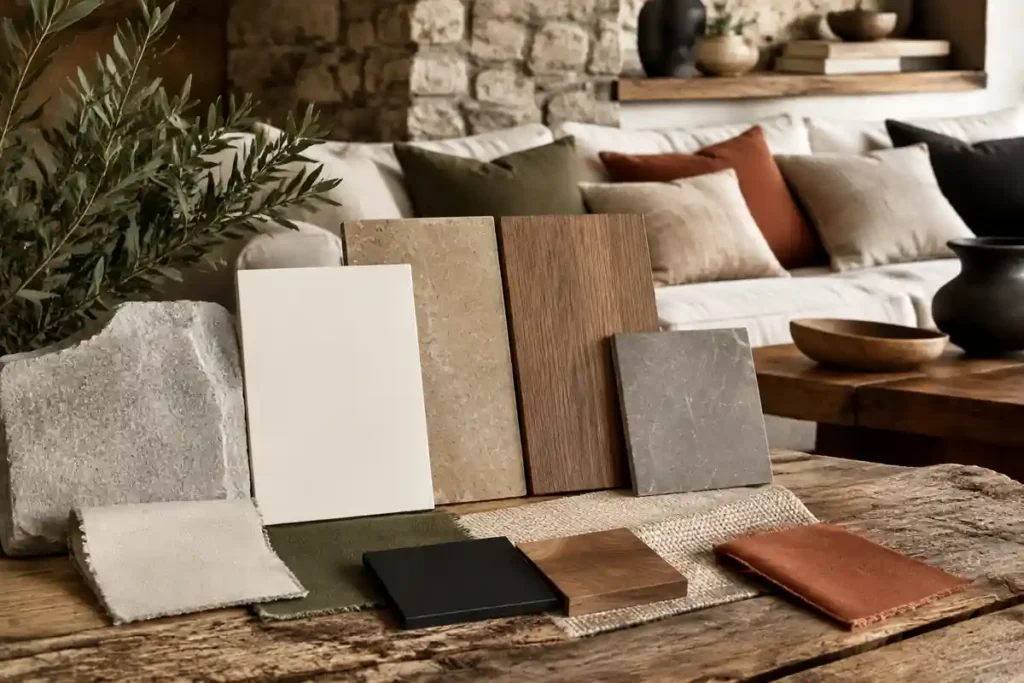 Paleta de colores para sala rústica moderna con tonos tierra y verde oliva