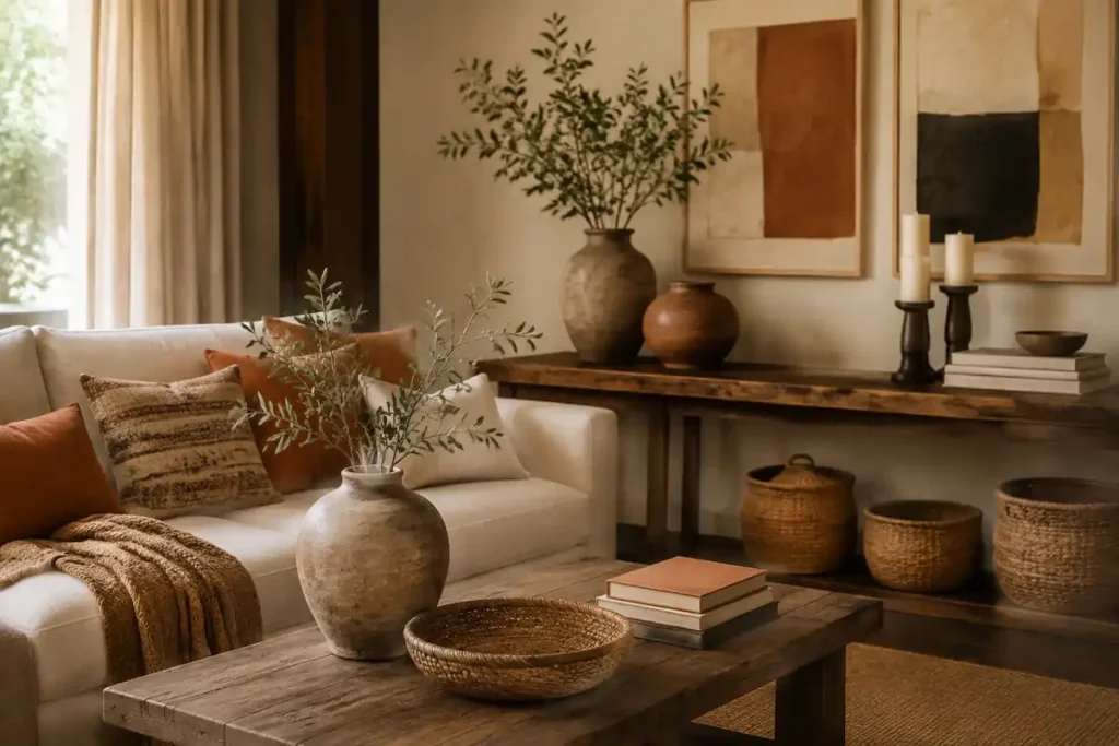 Decoración de sala rústica con cerámica, fibras y textiles terracota