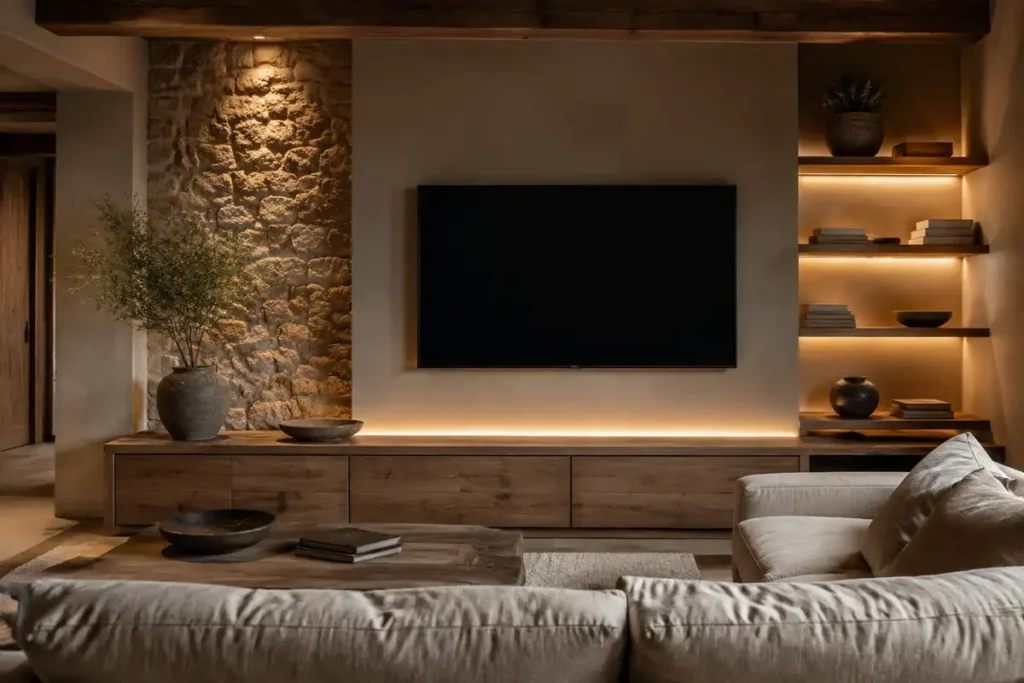 Pared de TV rústica moderna con mueble de madera e iluminación indirecta