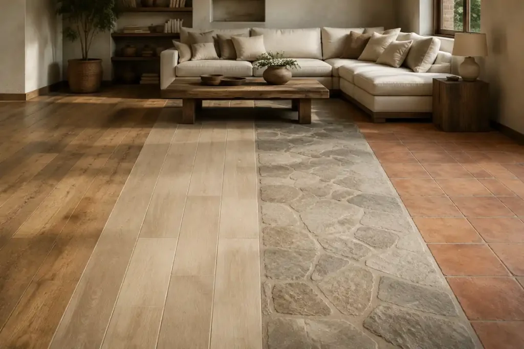 Pisos de madera, porcelanato, piedra y barro para salas rústicas