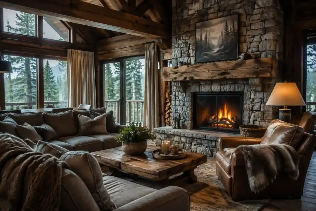 Sala rústica de cabaña con chimenea de piedra y vistas al bosque