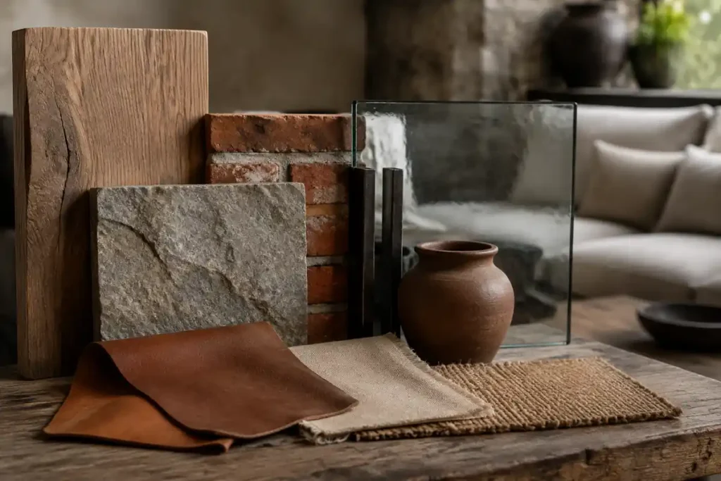 Muestras de madera, piedra, ladrillo, cuero, lino y fibras naturales