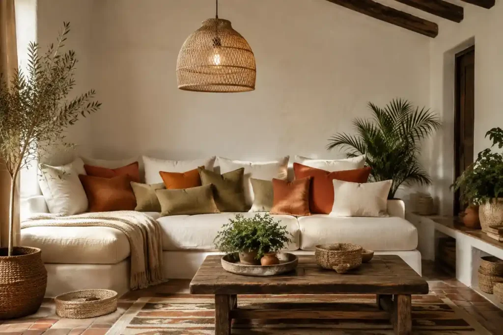 Decoración económica de sala rústica con textiles, fibras y plantas