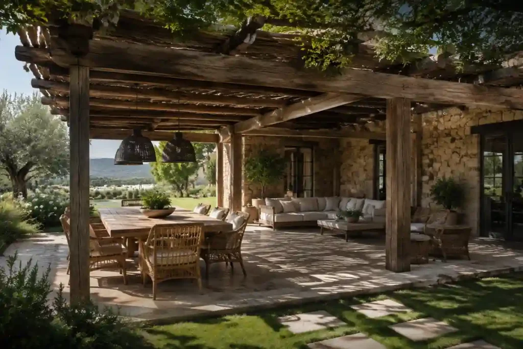 Pérgola rústica de madera con comedor y sala exterior