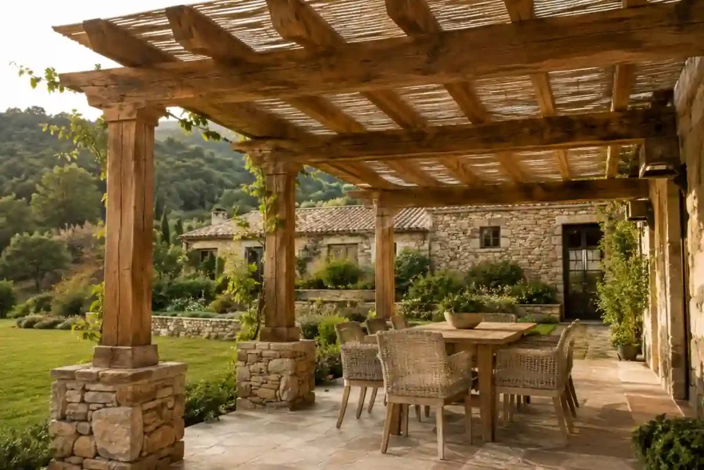 Pérgola de madera para terraza con columnas sobre bases de piedra