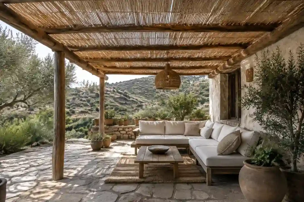 Pérgola rústica con techo de caña y bambú sobre terraza de piedra