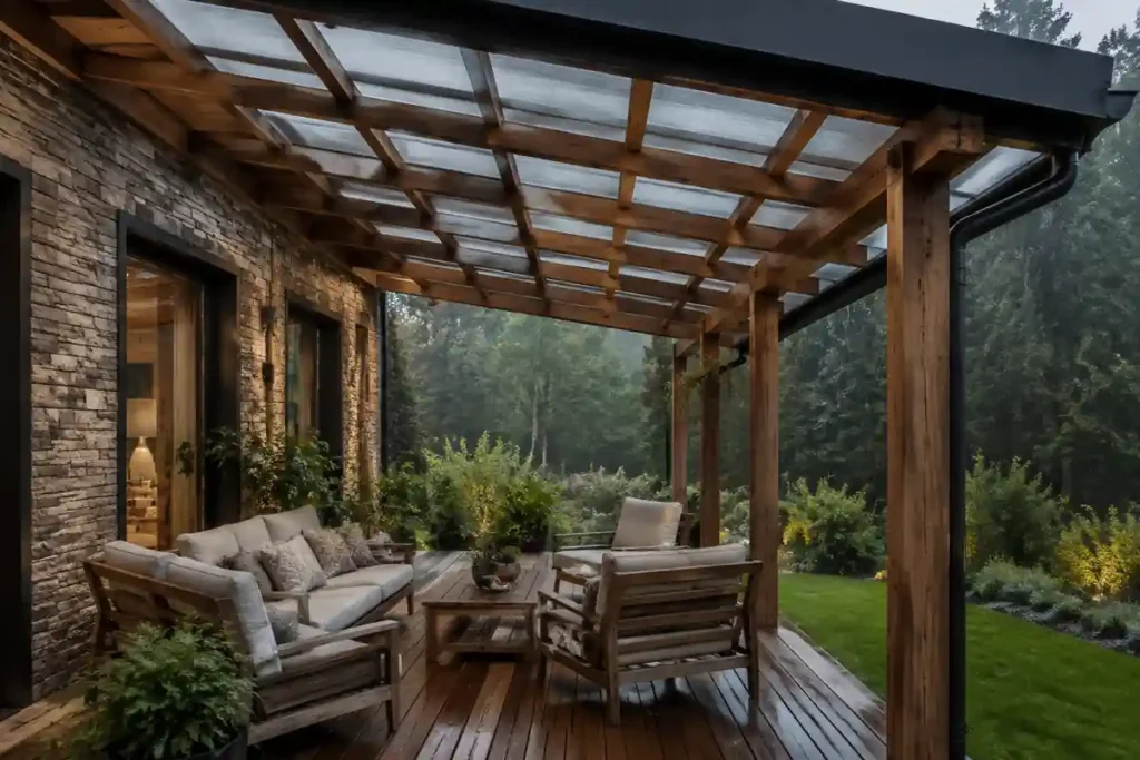Pérgola de madera con cubierta de policarbonato para proteger de la lluvia