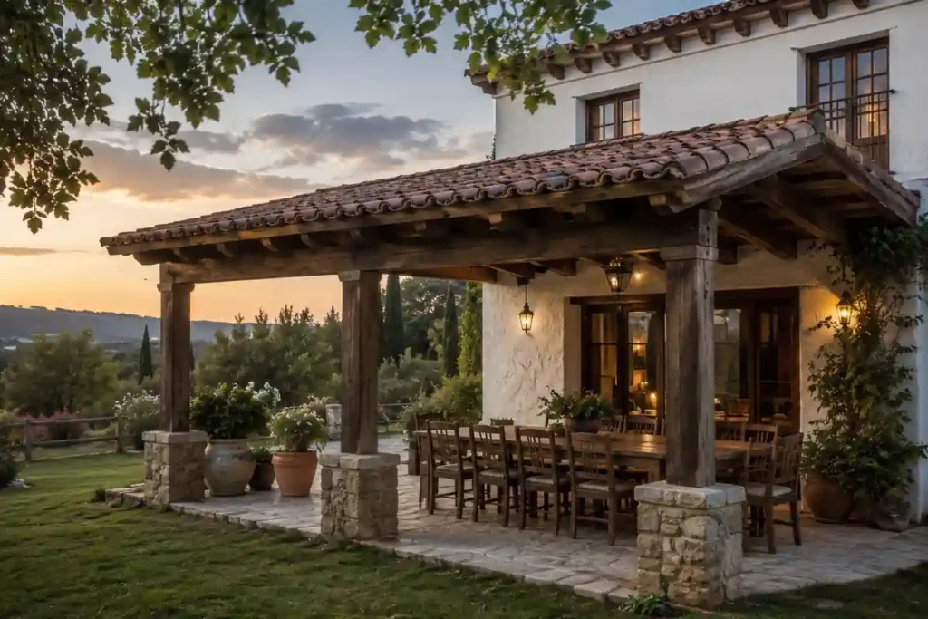 Pérgola rústica con techo de teja de barro y comedor exterior