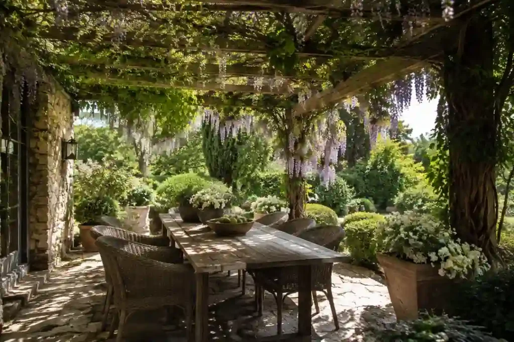Pérgola de madera cubierta con plantas trepadoras y glicinas