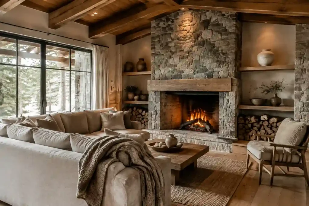 Sala rústica con chimenea de piedra, sofá beige y vigas de madera