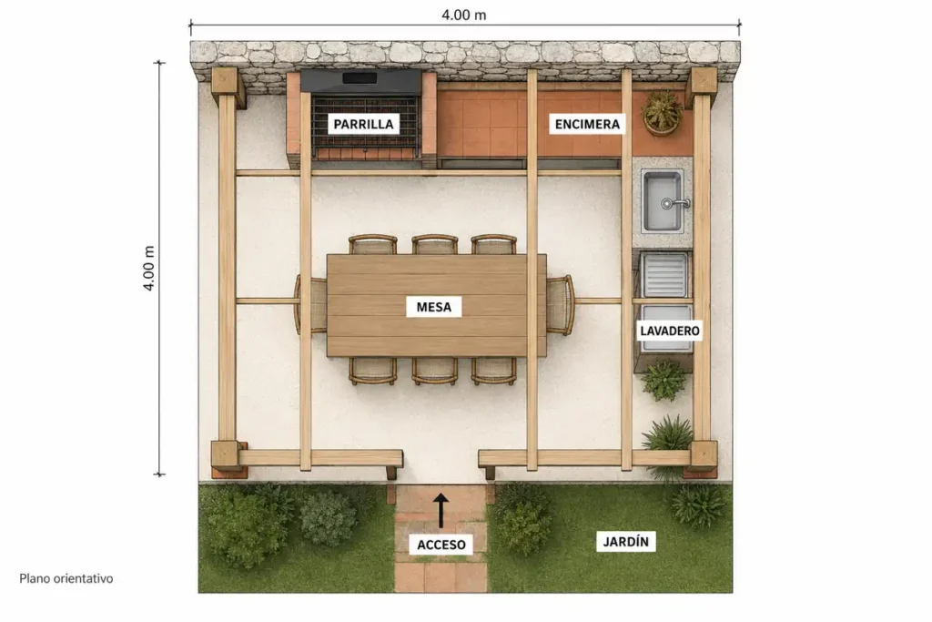 Plano orientativo de pérgola de 4 por 4 metros para zona de parrilla