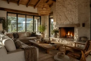 Sala rústica moderna en casa de campo con chimenea de piedra y ventanales