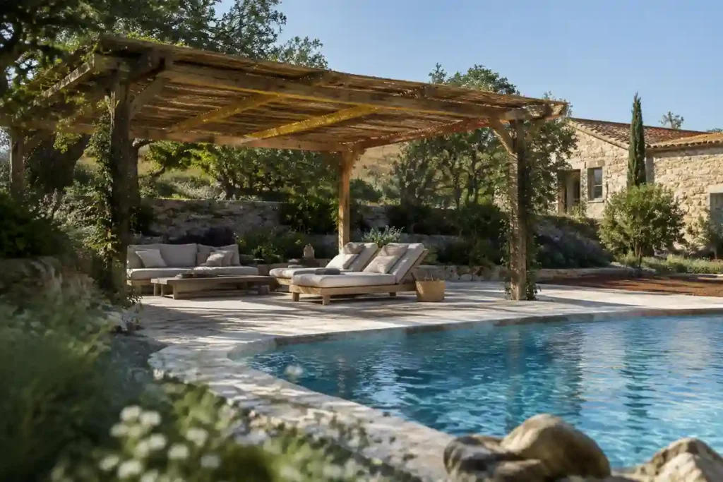 Pérgola rústica de madera junto a una piscina de casa de campo