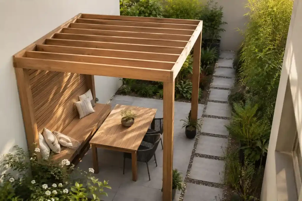 Pérgola pequeña de madera para casa con jardín estrecho