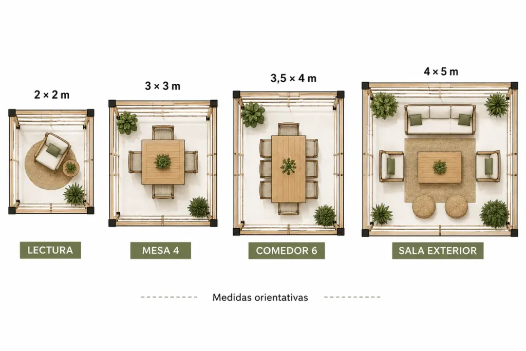 Planos con medidas orientativas para distintos usos de pérgolas