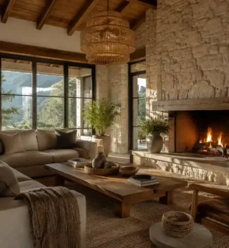 Sala rústica moderna en casa de campo con chimenea de piedra y ventanales