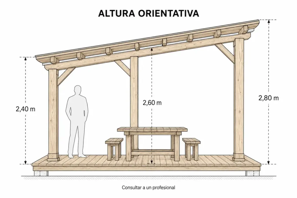 Plano lateral con alturas orientativas de una pérgola de madera