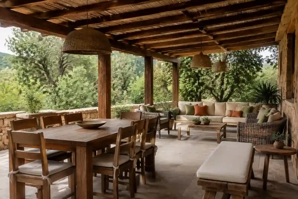 Muebles de madera y fibras para una pérgola rústica