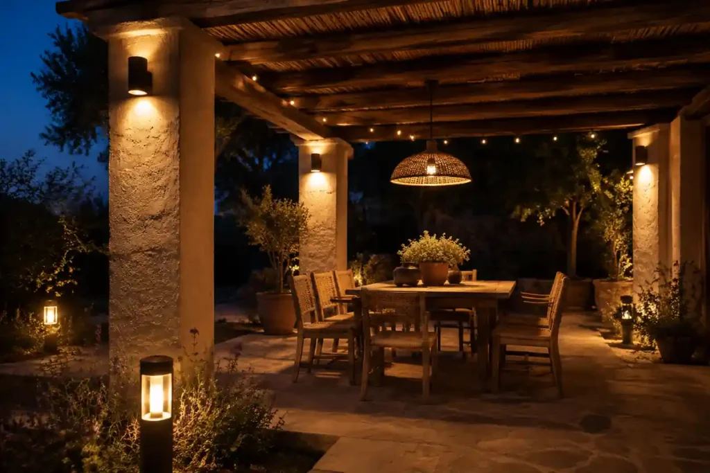 Iluminación cálida con lámparas y balizas en una pérgola rústica