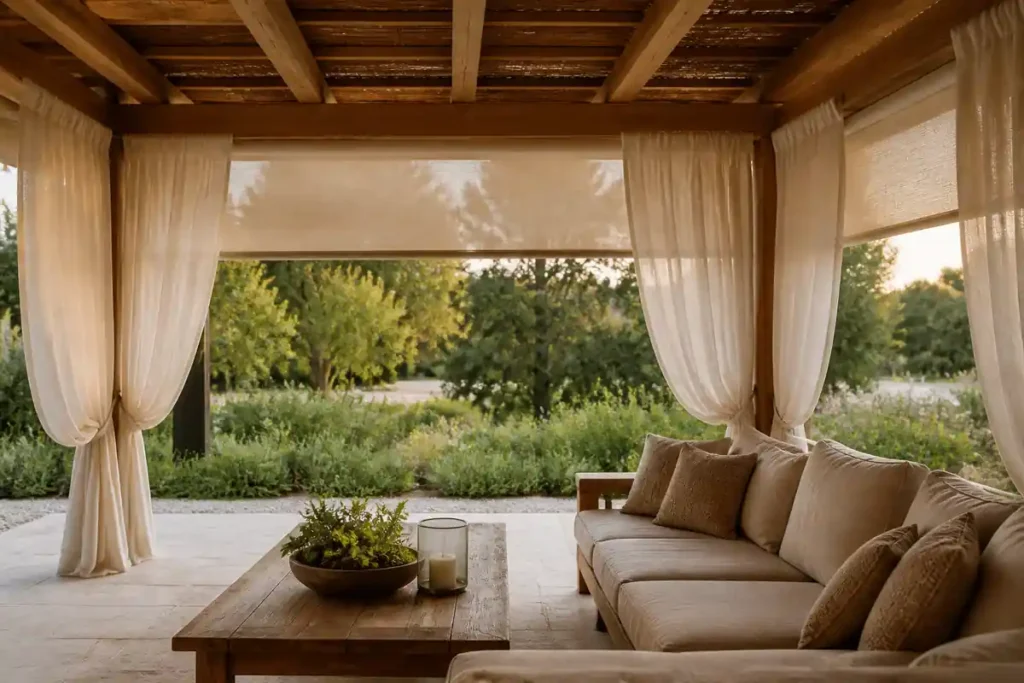 Cortinas de lino color arena para una pérgola de madera