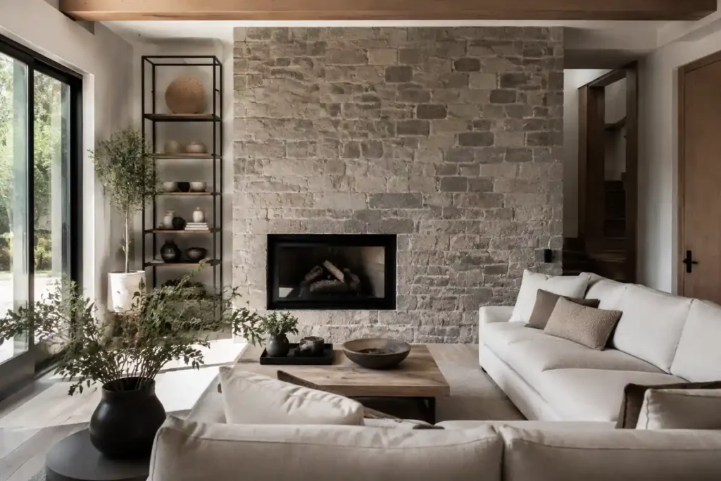 Sala rústica moderna con pared focal de piedra natural