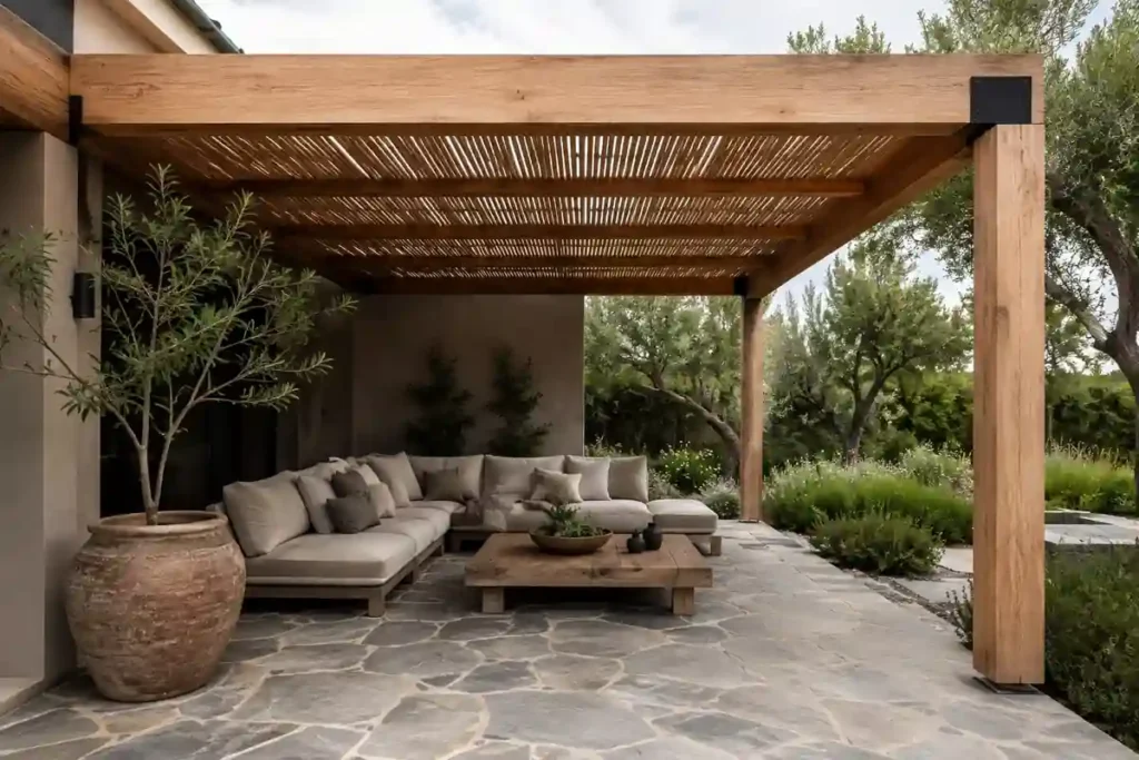 Pérgola rústica moderna de madera clara y hierro negro
