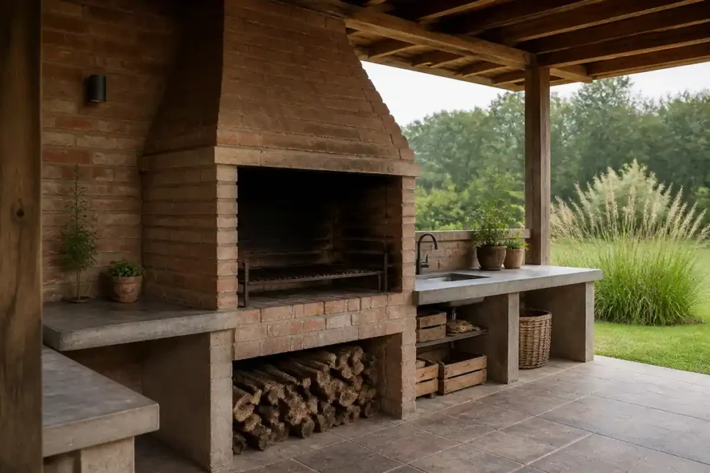 Parrilla rústica de ladrillo para terraza de casa de campo