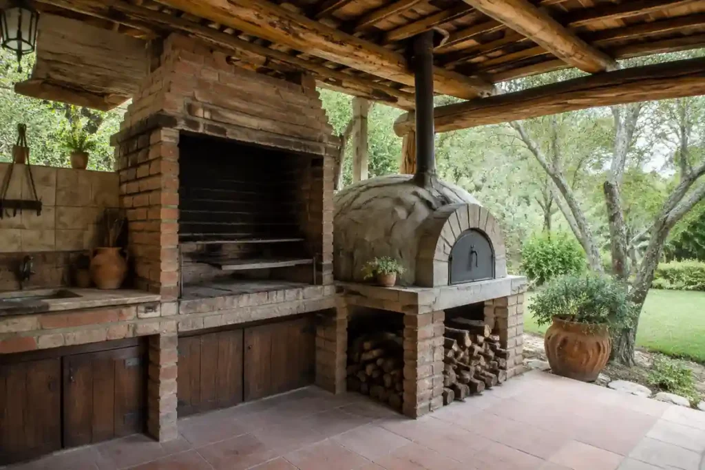 Parrilla rústica con horno de barro para cocina exterior