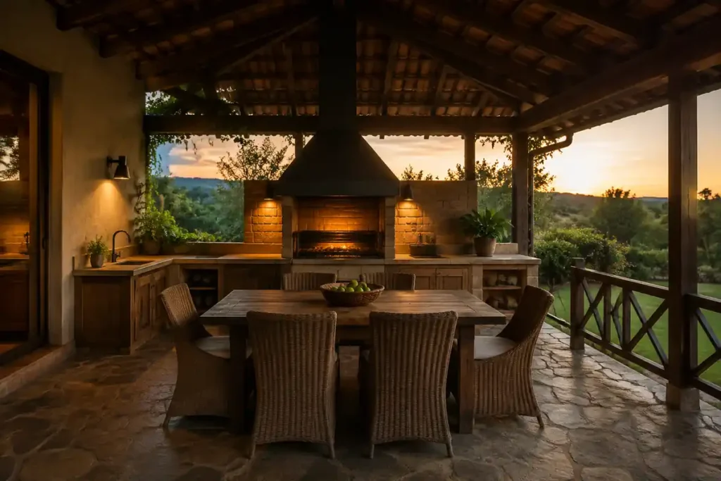 Parrilla rústica techada bajo pérgola de madera y teja