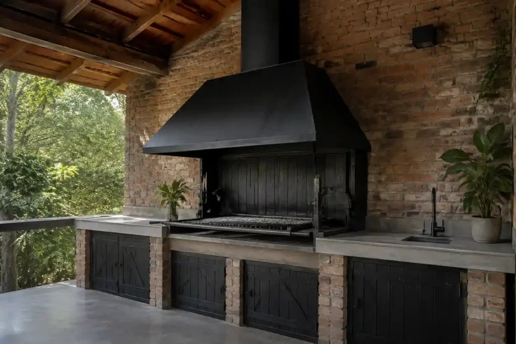 Parrilla rústica con campana metálica negra