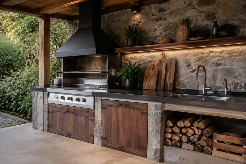 Parrilla rústica con lavadero y encimera exterior