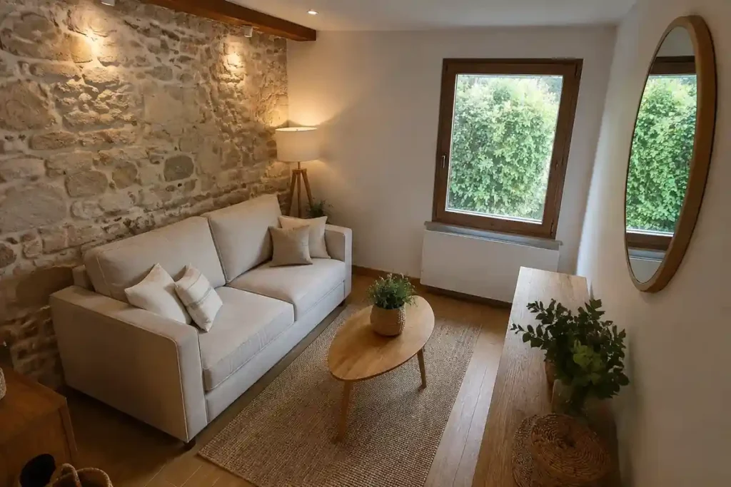 Sala rústica pequeña con sofá compacto y tonos claros