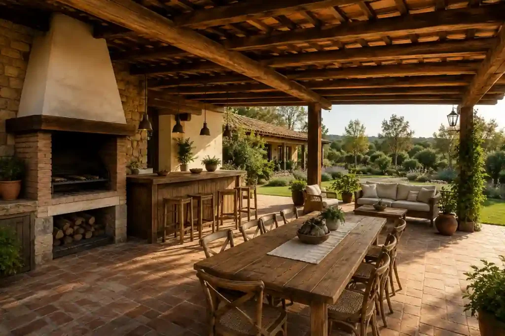 Parrilla rústica para terraza grande con comedor exterior