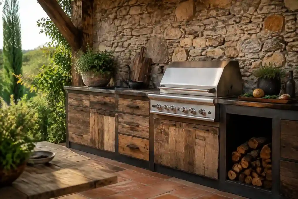 Parrilla de acero inoxidable en ambiente rústico de piedra y madera