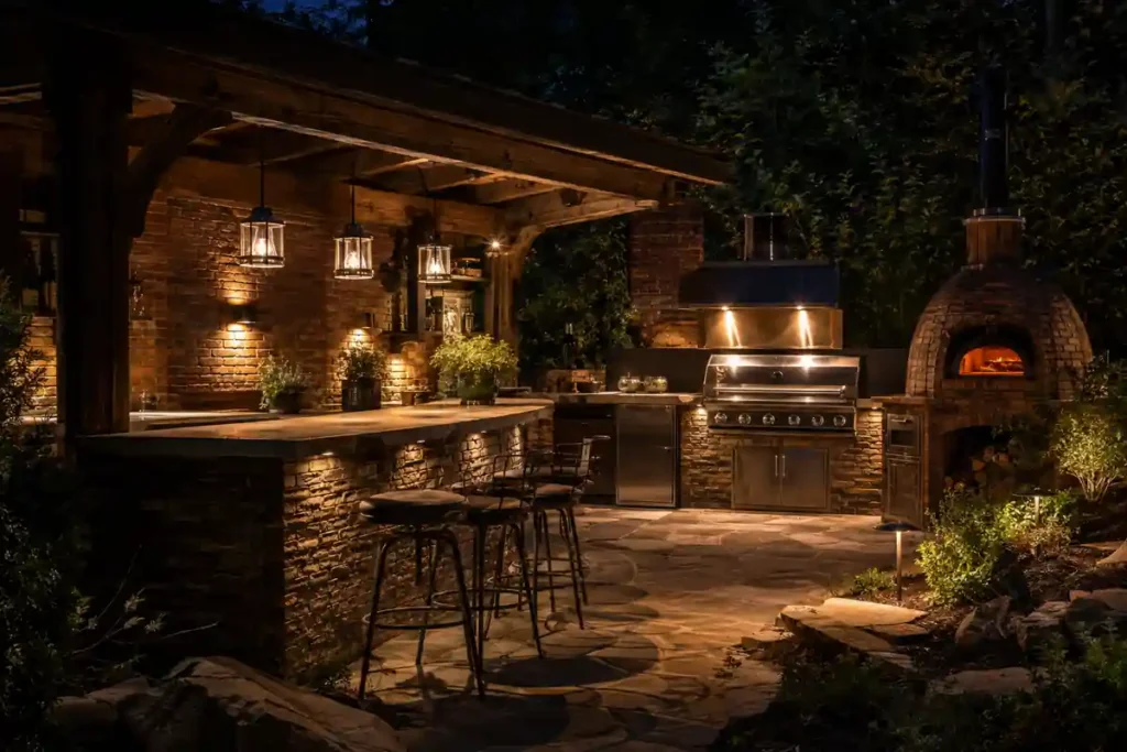Iluminación cálida y funcional para una parrilla rústica